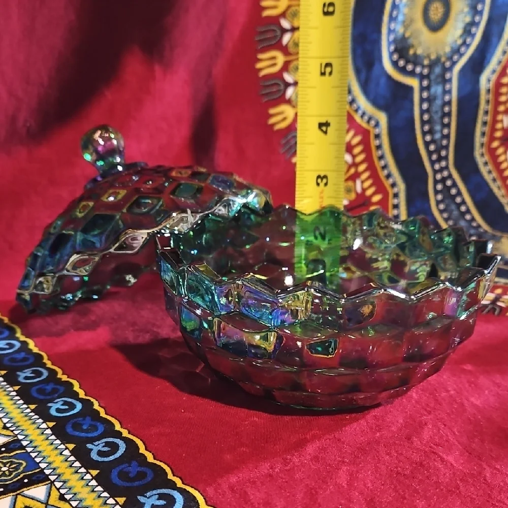 Indiana Glass Whitehall American Peacock Iridescent Carnival Cubist Covered Dish